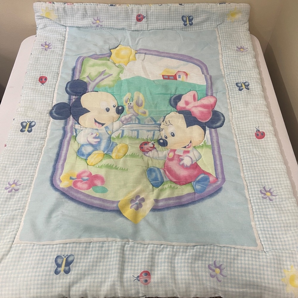 VTG Disney Baby Crib Blanket Comforter Mickey Minnie Flower Butterfly Ladybug‎